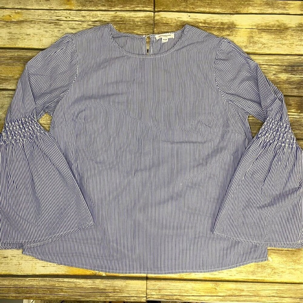 Beach Lunch Lounge‎ Womens Medium Blue Stripe Bell Trumpet Sleeve Cotton Blouse